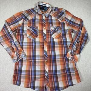 Roar Signature Men XL Orange Blue Embroidered Long Slve Pearl Snap Western Shirt